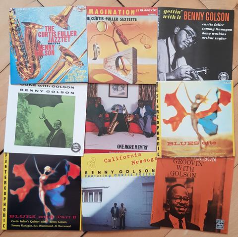 assembly of CD booklets on wooden floor: top left to bottom right: "The Curtis Fuller Jazztet with Benny Golson", "Imagination" by The Curtis Fuller Jazztette, "Gettin' with It" and "Gone with Golson" by Benny Golson, One More Meetin'" by Benny Golson and Curtis Fuller, "Blues-ette" and "Blues-ette Part II" by the Curtis Fuller Quintet, "California Message" by Benny Golson featuring Curtis Fuller, and "Groovin' with Golson" by Benny Golson