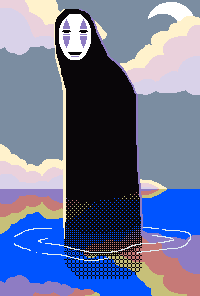 pixel art grid of Noface from Spirited Away standing among bright water and muted pastel sky