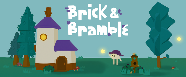 The title card for Brick and Bramble, featuring the name in white text in a silly font over a light blue sky. On the left, a cute 2 story house with rounded walls next to some pine trees with a purple roof, and on the right a polygonal tree above a funny little character in a purple sunhat waving to a glowing sparkle of some sort that is floating in the sky.