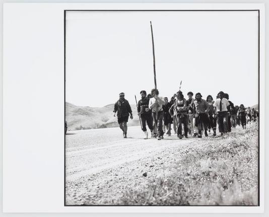 The image shows a black and white photograph of a group of people walking on a dirt road. The setting appears to be rural, with fields visible in the background under an overcast sky. Leading the procession is a man carrying what looks like a flag or banner attached to a pole. Following him are individuals who seem engaged in conversation; some hold sticks and others have backpacks slung across their shoulders. It's difficult to discern specific expressions due to the grayscale, but overall they appear focused on reaching an objective out of frame.

The photo captures a moment that could be interpreted as political or social significance given the context provided by the caption "Maori Land March." The group is diverse in terms of age and attire, suggesting unity among different individuals for this cause. Notably absent are modern vehicles or electronic devices; everything seems to indicate an event involving peaceful demonstration or movement.

The photo's composition has a strong sense of directionality leading towards something beyond the frame—a sense that what they're heading toward is significant yet not fully revealed in the image itself.