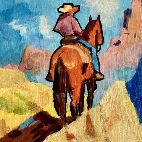A painting of a cowboy on horseback surveying a colorful landscape.