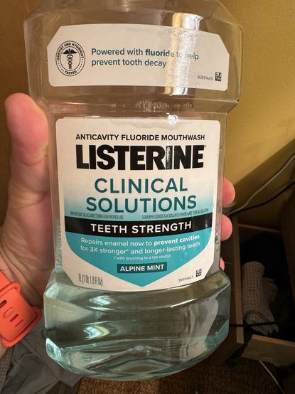 A bottle of listerine formulated for Teeth Strength