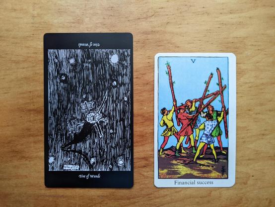 The Five of Wands from the Elsewhere Tarot, showing a rough, sketchy drawing of a space proble in space with some unconventional antennas, alongside the Five of Wands from a janky, bootleg RWS deck, showing a group of young men contending physically with each other with living staves.