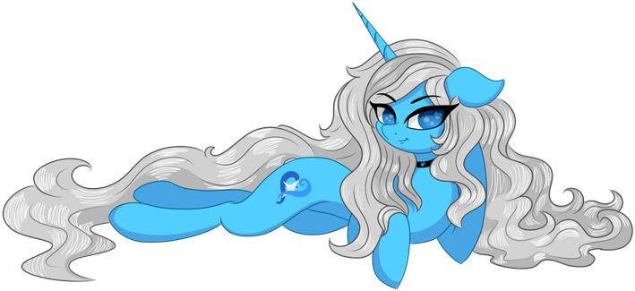 A blue unicorn with a cyan coat and silver mane lounges comfortably while looking at the viewer with bedroom eyes.