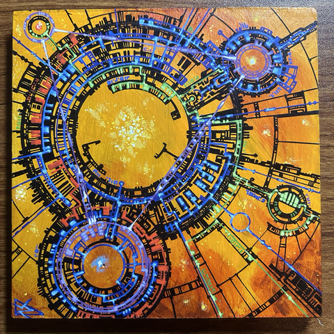 Complex geometric abstract art featuring orange space nebula background overlaid with circular geometry in black green and purple