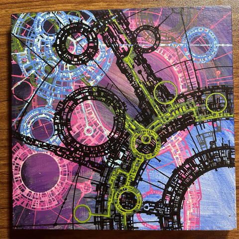 Complex geometric abstract art featuring many layers of lines and circles over a purple and blue space cloud
