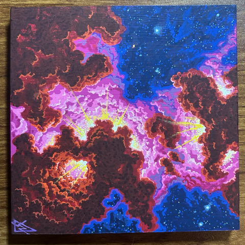 Pink red and brown dense space nebula obscuring bright golden shine areas in a deep blue starfield
