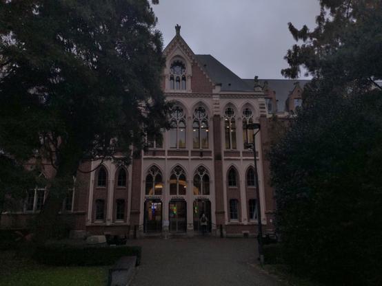 La façade de la faculté de médecine et maïeutique de Lille (ex-faculté libre de médecine, plus couramment appelée « La Catho »), bâtiment ancien en briques rouges au allures de manoir avec ses grandes fenêtres aux arcs gothiques.