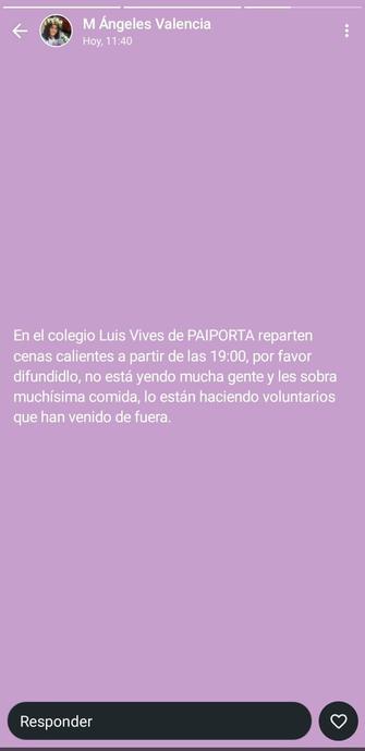 En el colegio Luis Vives de Paiporta reparten cenas calientes a partir de las 19:00, por favor, difundidlo. No está yendo mucha gente y les sobra muchísima comida. Lo están haciendo voluntarios que han venido de fuera.