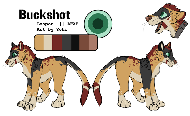Buckshot; a Leopon's Ref sheet.  Gold, Reds and Greys in color.  Minor Back, Shoulder and neck spotting.  Dorsal Stripe that goes from forehead to tail base.  Spotted Nose / Tongue.  Raido Collar around Neck.  Defining Stripe from lip side to side