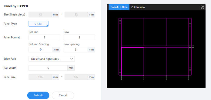 Screen show of part of the Panel by JLCPCB page.

Left hand side has the settings for x y quantity, spacing, edge rails.

Right hand side shows the panel outline, 3x2 with edge rails left and right with a 3mm gap in the between the 2 rows.