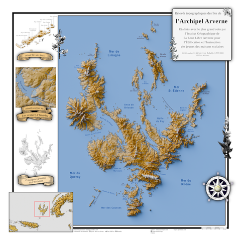 Carte du Massif Central, France, avec un niveau de la mer simulé à 1000 mètres au-dessus du niveau actuel.