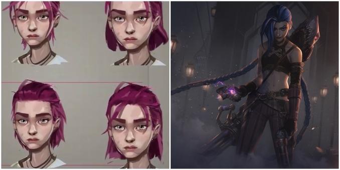 Two screen shots next
To each other. The one on the left is of four heads of a white girl with purple hair (named powder) drawn in different ways. The one on the right is of the character jinx standing ominously on a dark bridge with a gun slung around her back. She has long blue hair out in French braids.