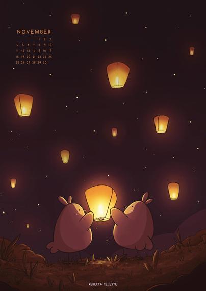Two birds in a field raise a sky lantern. The sky is full of glowing sky lanterns.
