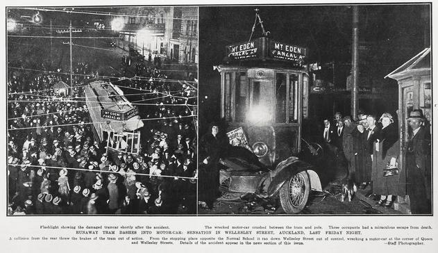 Black-and-white two-photo montage: Runaway Tram Dashes Into Motor-Car: Sensation in Wellesley Street, Auckland, Last Friday Night. 1924. Left photo: Flashlight photo from an elevated position showing the damaged tramcar shortly after the accident, surrounded by a crowd. Right photo: The wrecked car crushed between the tram and pole. Bystanders look on.
Citation: Auckland Weekly News, 13 November 1924, p. 49. Auckland Libraries Heritage Collections AWNS-19241113-49-04. https://kura.aucklandlibraries.govt.nz/digital/collection/photos/id/245407