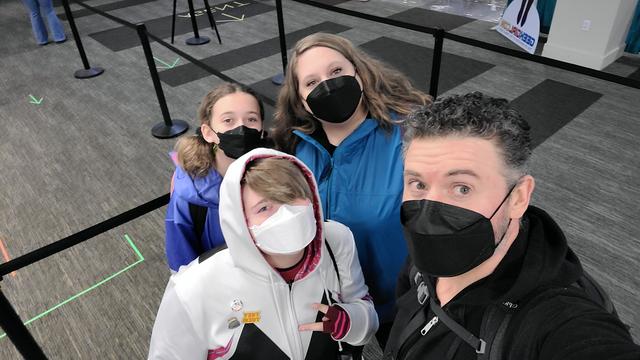 Selfie of a ridiculously attractive family in line for will call tickets.