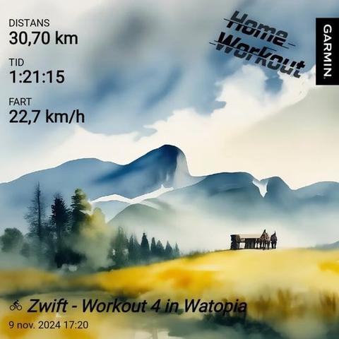 En akvarellbild av ett berg i fjärran, en liten skog framför och ett litet hus på slätten nedanför berget. Texten lyder "Home workout", distans 30,70km, tid :201:15, fart 22,7km/h. Längst ner i bilden står det Zwift workout 4 9 nov. 2024 17:20. Det står Garmin längs bildens ena långsida.