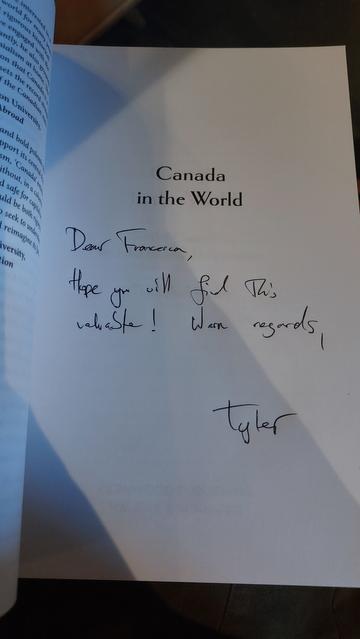 The signed title page of his book,
Canada In The World: Settler Capitalism and the Colonial Imagination