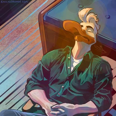 a digital painting of an anthropomorphic duck. he is painted from about the waist up, sleeping in a deck chair in sunlight. his bill is partially open, and his hands are clasped in his lap as he leans back. his clothes are casual, a collared green shirt with a white tee under