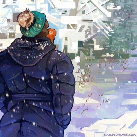 a digital painting of an anthropomorphic duck. he is shown from behind, from about the thigh up and slightly cut off on the left side of the image. he is walking in a snow storm, flakes can be seen falling in a blur and dappling his puffy blue jacket. there is an implication of a trail and forest beyond, which have been covered in snow.