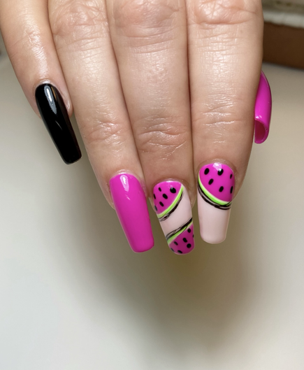 Fit tip nail extensions with black, neon pink and watermelon nail art