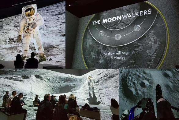 collage of photos from the immersive Moonwalkers show, featuring panoramic projections from the Apollo astronauts on the Moon and Mary's foot touching the lunar surface projected on the floor