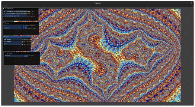 A screenshot of my fractal-generating-program.
It shows four widgets for editing coordinates, display radius and image quality. A colorful fractal image is displayed in the center.