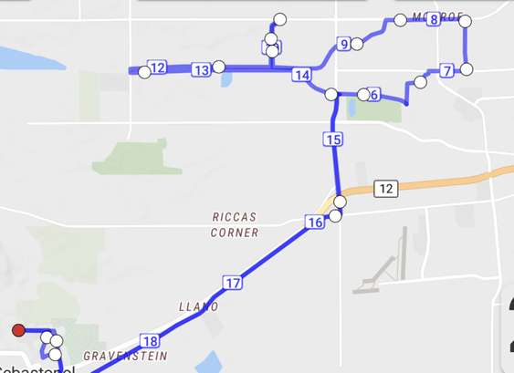 A map of a 20 mile run between Sebastopol CA and Santa Rosa.
