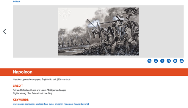Screenshot einer Ergebnisseite der Datenbank "Britannica Imagequest". 

Man sieht eine alte Illustration in Schwarz-Weiß und Grautönen, sie zeigt Männer mit farbenfrohen Umhängen, die mit ihren Gewehren auf American Natives anlegen, die sie vom anderen Ufer eines Flusses aus mit Pfeilen beschießen. Das Bild ist mit den Keywords "war; russian campaign; soldiers; flag; guns; emperor; napoleon; france; bayonet" verschlagwortet.