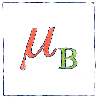 Symbol for the Bohr magneton - the magnitude of the magnetic dipole moment of an electron in a circular orbit with an orbital angular momentum equal to the reduced Planck constant - a Greek Mu with a capital B subscript