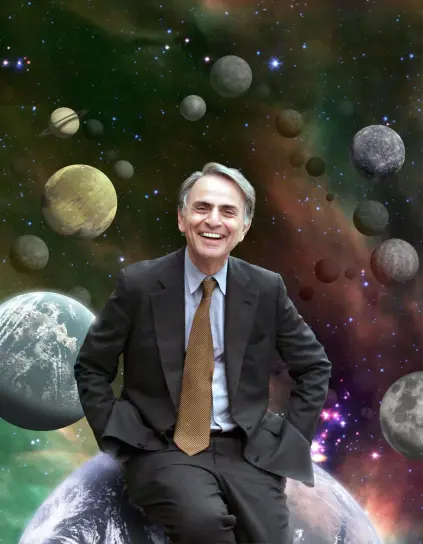Pic of a smiling Carl Sagan with graphics of space and planets as the backdrop