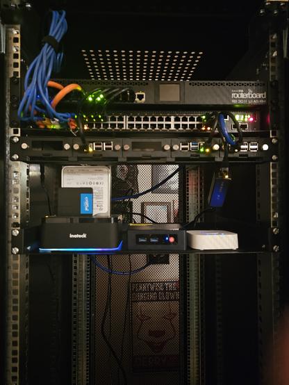 Collection of rack-mounted equipment and other devices, carefully organized and with fairly neatly routed network and power cables