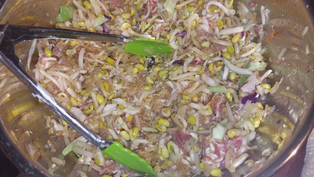 The filling for the egg rolls consisting of bean sprouts, shredded pork, cabbage and carrots from a pre-shredded coleslaw, ginger, garlic, onion, toasted sesame oil, tiny bit of soy sauce.