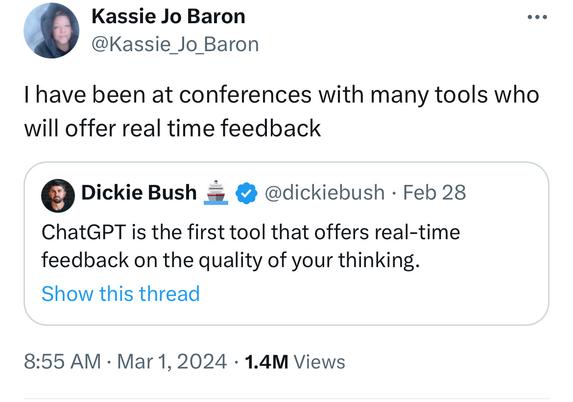Image of a tweet reading “I have been at conferences with many tools who will offer real time feedback”