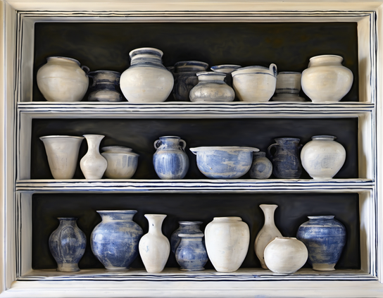 Collection of rustic, handcrafted style  white and blue ceramic bowls and vases, displayed on white wooden shelves with blue accents.