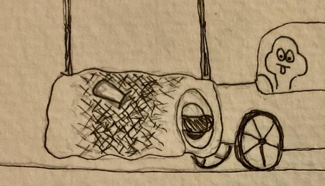 A simple black-and-white drawing of a car, featuring a smiling ghost-like figure in the driver’s seat, tongue hanging out, driving right into a rolled pickled herring with a piece of cucumber in the center. It seems to be fixes onto two poles that are coming down from above.