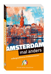 Foto vom Reiseführer "AMSTERDAMM mal anders"
Orange-Schwarzes Design mit Gemalter Stadtansicht auf dem Cover