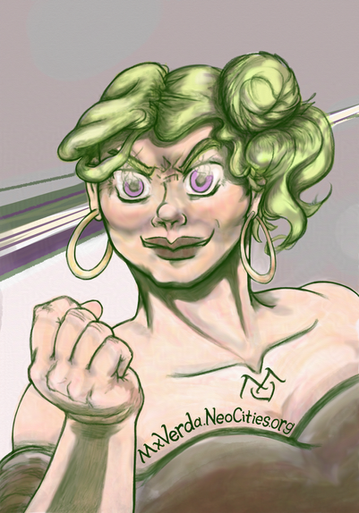 Wavy green hair, purple eyes on fire, brown lipstick, hoop earrings, pale person smiles angrily with fist closer to viewpoint. Off the shoulder brown sweetheart top.