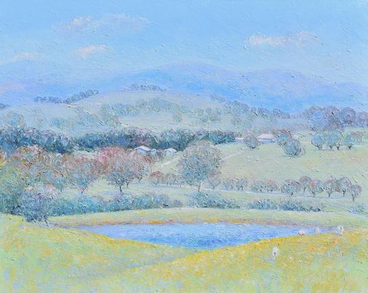 This country landscape painting is a tranquil and captivating scene, rendered in calming tones of blue and gold. The rolling hills dominate the composition, painted in serene shades of blue, creating a sense of depth and vastness. Nestled amidst the hills, farmhouses dot the landscape, exuding a sense of rural charm and warmth. The grazing sheep add a touch of liveliness and a connection to nature, while gum trees provide a distinct Australian touch. In the foreground of this rural country scene, a peaceful pond reflects the serene beauty of the surroundings, adding a sense of tranquility to the scene.