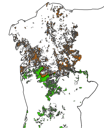 Mapa no que se mostra a superficie de montes veciñais en man común de Galicia e a de baldios de Portugal