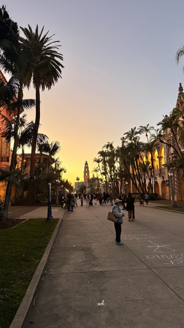 Sunset-colored Spanish colonial-style buildings and palm trees on the Prado bring one’s focus toward the tall California tower silhouetted with pastel yellows, oranges and pinks