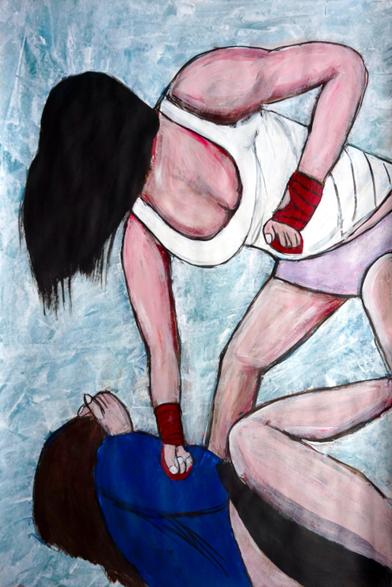 A painting by artist Chris Dale titled Punched In The Snow two women, one on the ground and the other above, punched on a snowy evening.