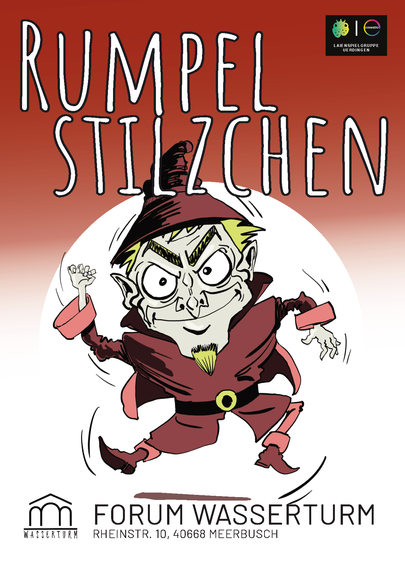 Plakat "Rumpelstilzchen", "Forum Wasserturm". Ein gezeichneter, tanzender Zwerg mit spitzem Bart und braunem Hut