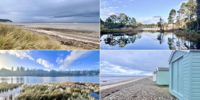 Four photo collage. Cool autumn day. Top left: pale green dune grass, leading to sandy, to blue sea with tide out, blue/grey sky. Top right: dark blue loch surrounded by green mainly conifer trees, perfectly reflecting in the water. Pale blue sky.  Bottom right: pale blue/aqua beach huts, sand and shingles, leading to blue sea, ride out. Grey/blue sky. Bottom left: looking over reeds and pale green grass to a blue lock surrounded by dark green pine trees. Blue sky, white streaky clouds.