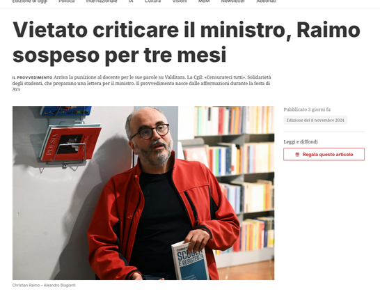 Vietato criticare il ministro, Christian Raimo sospeso per tre mesi 
Il provvedimento Arriva la punizione al docente per le sue parole su Valditara. La Cgil: «Censurateci tutti». Solidarietà degli studenti, che preparano una lettera per il ministro. Il provvedimento nasce dalle affermazioni durante la festa di Avs
