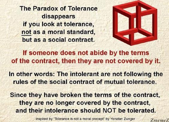 Picture of a text meme with an illustration of an Esher-style impossible cube object in red in the right upper corner.
Text:
"The Paradox of Tolerance disappears if you look at tolerance, not as a moral standard, but as a societal contract.
If someone does not abide by the terms of the contract, then they are not covered by it.
In other words: The intolerant are not following the rules of the societal contract of mutual tolerance. 
Since they have broken the terms of the contract, they are no longer covered by the contract, and their intolerance should NOT be tolerated."

Inspired by "Tolerance is not a moral percept" by Yonatan Zunger
ZmemeZ