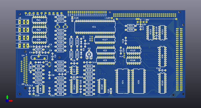 Un rendu d'un PCB bleu (11x22cm) avec une sérigraphie dans le style des montages Elektor des années 80