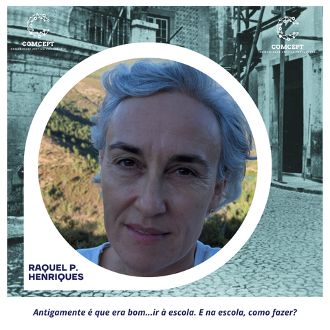 Fotografia da Raquel Pereira Henriques e título da sua apresentação: "Antigamente é que era bom... ir à escola. E na escola, como fazer?"