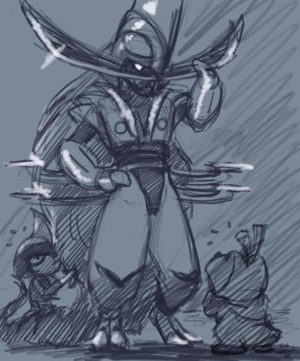 Kingambit stands before a cowering Fuecoco, thoughtfully rubbing his blade moustache. A Pawniard behind him frets over his long hair.