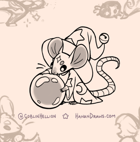 Little tattoo design of a wizard mouse, pondering an orb that is the same size as it. It wears a floppy wizard hat with a bell on the tip, and classic wizard robes.